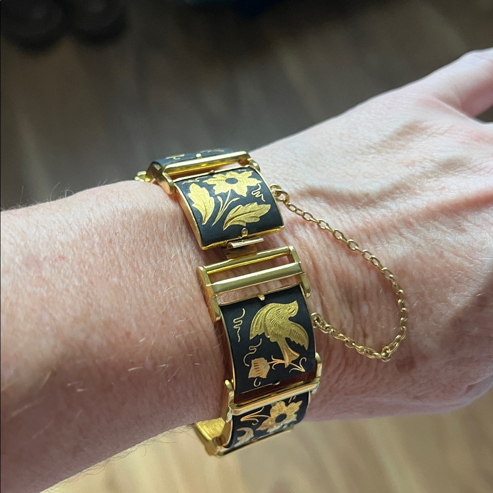 Damascene Bracelet with Birds and Flowers Gold and Black